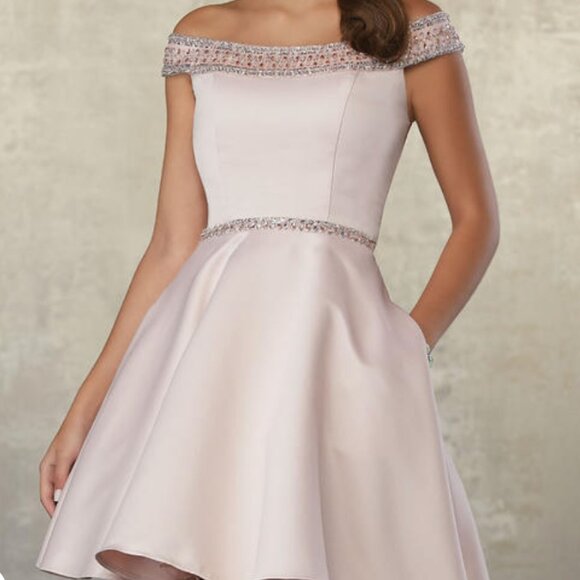 MoriLee Blush Beaded Satin A-line Cocktail Dress with Pockets. - Picture 2 of 2